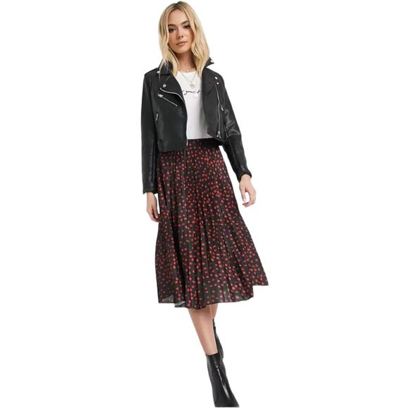 ASOS High Rise Pleated Polka Dot Midi Skirt Black Red Sz 2 / XS A line - Picture 1 of 8